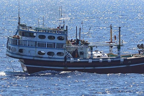 This handout photograph taken on January 29, 2024 and released by Indian Navy shows an Iranian fishing vessel after it has been freed by the Indian Navy, off the coast of Somalia in the Indian Ocean.  