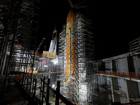 The 20-story-tall display stands atop an 1,800-ton (1,633-metric ton) concrete slab supported by six so-called base isolators to protect Endeavour from earthquakes.