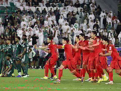 South Korea players celebrate a goal during the penalty shootout during the AFC Asian Cup match against Saudi Arabia at Education City Stadium, Al Rayyan, Qatar on Tuesday.