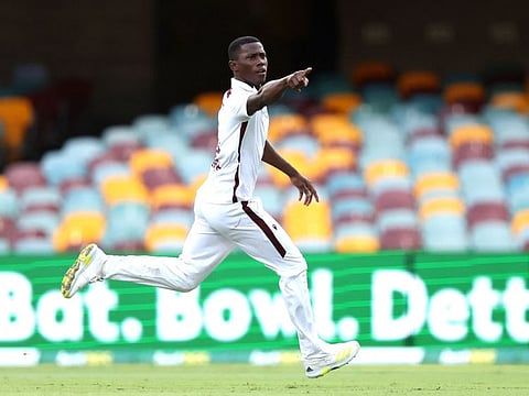 Shamar Joseph of the West Indies dismisses Josh Hazlewood of Australia sealing a win for the West Indies during the second Test at the Gabba in Brisbane on January 28.