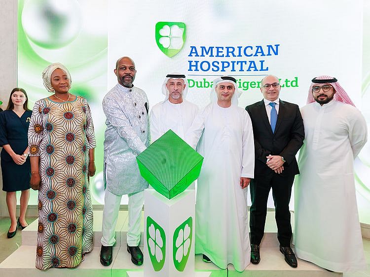  Buti Al Mulla, Chairman of the Boards of Directors of Mohamed & Obaid AlMulla Group (third from left), Dr Marwan AlMulla, CEO of Health Regulation Sector at Dubai Health Authority (third from right) Sherif Beshara, Group CEO of Mohamed & Obaid AlMulla Group and American Hospital Dubai (second from right), Tonye Princewill, Chairman of RivExel (second from left), and Tayyibat Mohammed, Nigerian Consul General, (left) at the announcement 