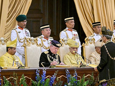 Sultan of Johor, Sultan Ibrahim Iskandar signs documents during the oath taking ceremony as the 17th King of Malaysia at the National Palace in Kuala Lumpur, Malaysia.