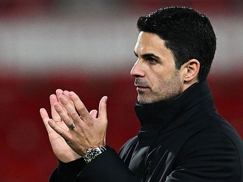 Arsenal's manager Mikel Arteta applauds at the end of the English Premier League match against Nottingham Forest at The City Ground on Tuesday.