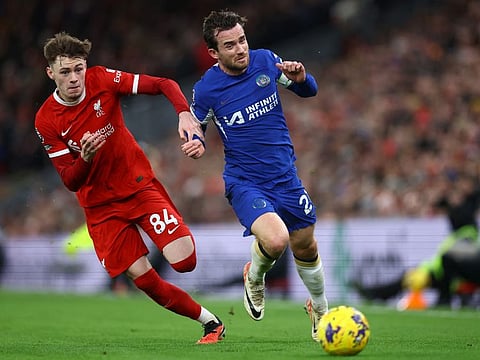 Liverpool's Conor Bradley in action with Chelsea's Ben Chilwell during a Premier League match at Anfield, Liverpool on Wednesday.
