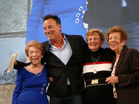 Singer Bruce Springsteen poses with, from left, his aunt Dora Kirby, mother Adele Springsteen, and aunt Ida Urbelis after being honored at the Ellis Island Family Heritage Awards ,Thursday, April 22, 2010, on Ellis Island in New York. 