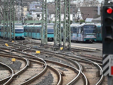 Trams are parked during a nationwide strike over a wage dispute held by public transport workers on February 2, 2024 in Frankfurt am Main, western Germany. 