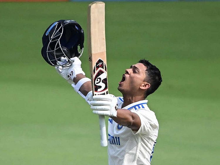 India's Yashasvi Jaiswal celebrates after scoring a double century (200 runs) during the second day of the second Test cricket match between India and England at the Y.S. Rajasekhara Reddy cricket stadium in Visakhapatnam on February 3, 2024.