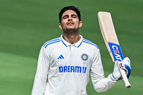 India's Shubman Gill celebrates after scoring a century during the third day of the second Test cricket match against England at the Y.S. Rajasekhara Reddy Cricket Stadium in Visakhapatnam on Sunday.