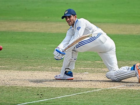 India's Shubman Gill sweeps one to the fence during the third day of the second Test cricket match against England at the Y.S. Rajasekhara Reddy Cricket Stadium in Visakhapatnam on Sunday.