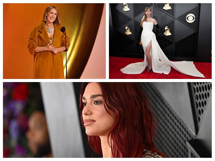 Five unforgettable moments from the Grammys - Celine Dion (top, left), Taylor Swift (top, right), Dua Lipa (bottom)
