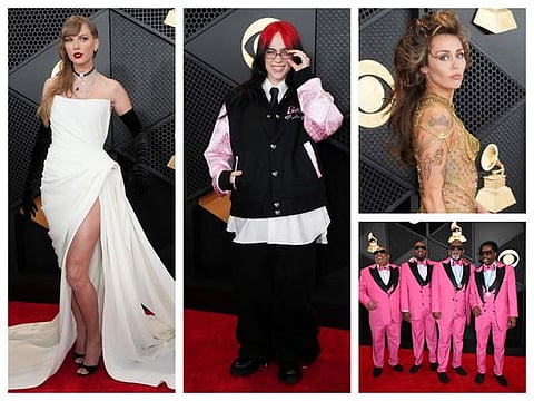 Photos: Taylor Swift rocks in white, Miley Cyrus in metallic, and Billie Eilish in a Barbie jacket ... here’s a look at the Grammys red carpet