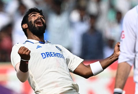 India's Jasprit Bumrah celebrates after taking the wicket of England's Ben Foakes during the fourth day of the second Test in Visakhapatnam on Monday.