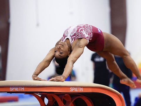 Simone Biles participates in a workout in Katy, Texas on Tuesday.