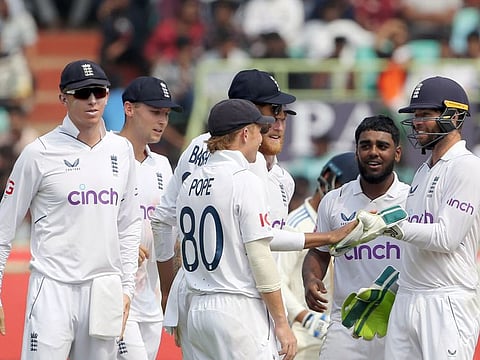 England players celebrate the wicket of Rajat Patidar during the third day of the second Test at Visakhapatnam.