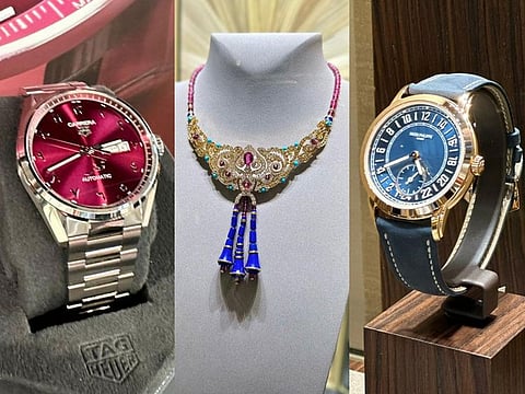From left:  Tag Heuer Carrera Qatar watch, Demeure d’Asterion necklace and Patek Philippe Travel Time watch.