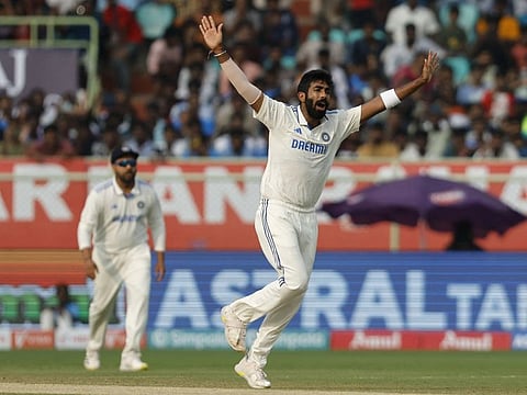 India's Jasprit Bumrah celebrates a wicket during the second Test against England at the Dr. Y.S. Rajasekhara Reddy ACA-VDCA Cricket Stadium, Visakhapatnam, India on February 4.