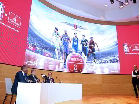 Boutros Boutros, Mark A. Tatum and Isiah Thomas during the press conference to announce the details of the partnership between Emirates and NBA. 