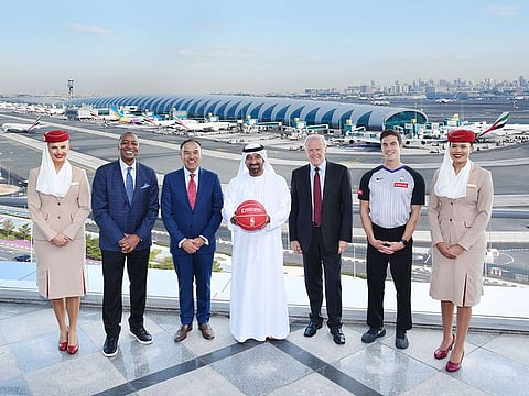 Sheikh Ahmed with Tim Clark, President of Emirates, Mark A. Tatum, Deputy Commissioner and COO NBA, and 12-time NBA All-Star Isiah Thomas during the announcement of Emirates' partnership with NBA.