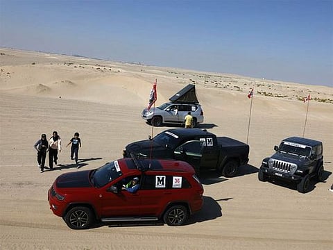 A Tank SUV lead the pack. The Gulf News Fun Drive is a 142 km route and has been designed as a loop. The start and finish of the Drive is the same location as the Tilal Swaihan camp site.
