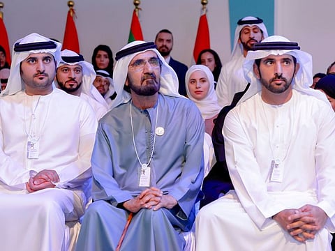 (centre) His Highness Sheikh Mohammed bin Rashid Al Maktoum, Vice President and Prime Minister of the UAE and Ruler of Dubai, Sheikh Hamdan bin Mohammed bin Rashid Al Maktoum (R), Crown Prince of Dubai and Chairman of The Executive Council of Dubai, and Sheikh Maktoum bin Mohammed bin Rashid Al Maktoum (L), First Deputy Ruler of Dubai and Deputy Prime Minister and Minister of Finance of the UAE, at a session at World Governments Summit in Dubai on Sunday 
