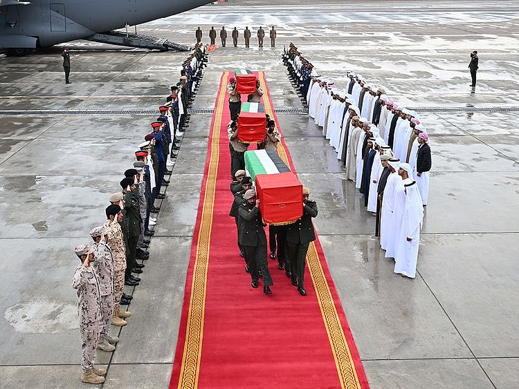 bodies of UAE Armed Forces martyrs arrive in Abu Dhabi on Feb 11 2024