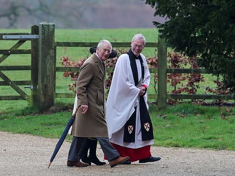 Britain's King Charles arrives for a church service at St. Mary Magdalene's church on the Sandringham estate in eastern England, on February 11, 2024.  