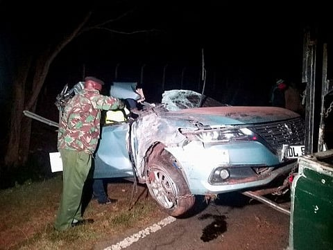 The wreckage of the car in which Kenya's marathon world record holder Kelvin Kiptum and his coach were killed is towed from the scene of the traffic accident along the Kaptagat-to-Eldoret highway, near the Rift Valley town of Eldoret, Kenya on Monday.