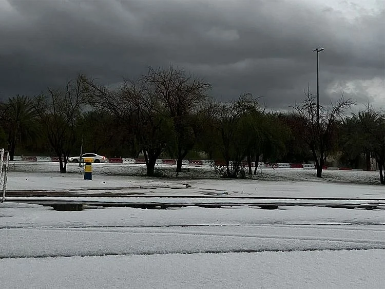 Hail covers Al Ain, in Abu Dhabi.
