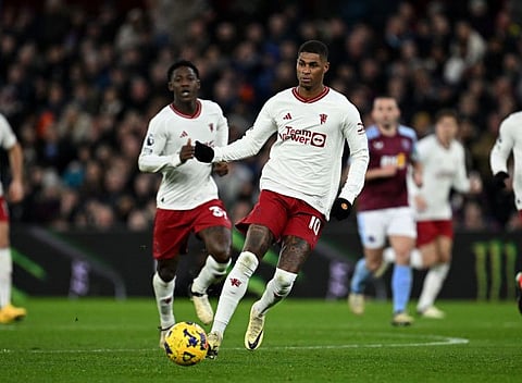 Manchester United's English striker Marcus Rashford in aciton during the English Premier League match against Aston Villa at Villa Park in Birmingham on February 11.