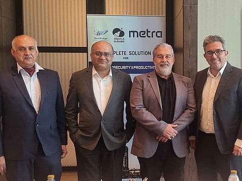 From left to right: Puneet Kaura VP Sales and Operations, Aquila Clouds, Saurabh Agarwal, Founder and CEO of TechBridge, Maan Al Saleh VP Sales and Business Development, Aquila Clouds, Adib Rajji, VP Vendor Strategy and Business Development of Metra Group.
