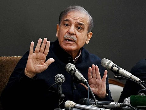 Pakistan's former Prime Minister and leader of the Pakistan Muslim League-Nawaz (PML-N) party Shehbaz Sharif speaks during a press conference in Lahore on February 13, 2024. 