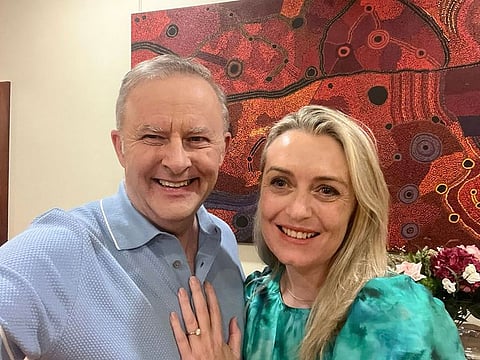 This undated handout photo obtained from the Facebook account of Australia's Prime Minister Anthony Albanese on February 15, 2024 shows Australia's Prime Minister Anthony Albanese (L) and his girlfriend Jodie Haydon posing for a selfie photo in Canberra. 