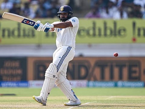 India's captain Rohit Sharma pulls one to the fence during the first day of the third Test cricket match against England at Niranjan Shah stadium in Rajkot on Thursday.