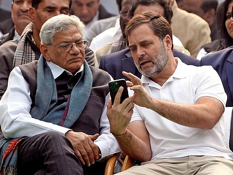 Leaders of INDIA alliance parties, including Congress leader Rahul Gandhi and Communist Party of India (Marxist) General Secretary Sitaram Yechury, in conversation in New Delhi
