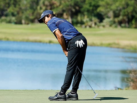 Charlie Woods reacts to a missed putt during pre-qualifying for The Cognizant Classic in The Palm Beaches at Lost Lake Golf Club on Thursday.