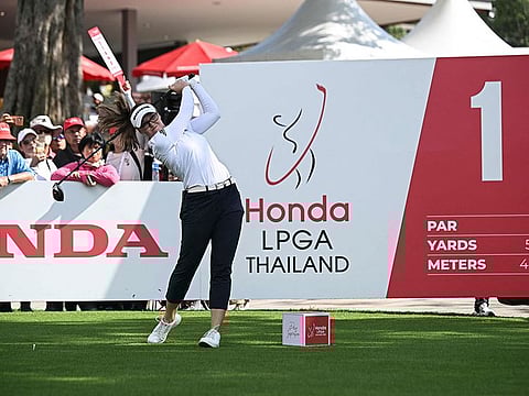Brooke Henderson of Canada tees off during the first day of the 2024 Honda LPGA Thailand golf tournament.