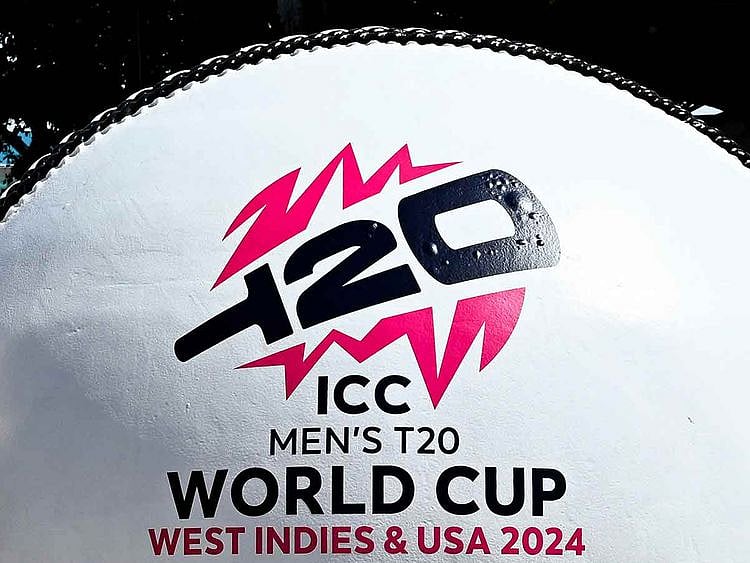 A giant cricket ball is seen installed at a marketplace to mark 100 days to go for the ICC Men’s T20 World Cup in Miami, Florida, on February 22, 2024. 