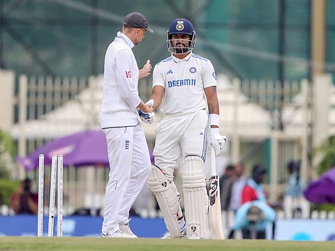 England's Joe Root exchanges handshakes with India's Dhruv Jurel appreciating his knock of 90 during Day 3 of the 4th Test at JSCA International Stadium Complex, in Ranchi on Sunday.