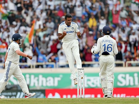 India's Ravichandran Ashwin celebrates the wicket of England's Ollie Pope during Day 3 of the fourth Test at JSCA International Stadium Complex, in Ranchi on Sunday.
