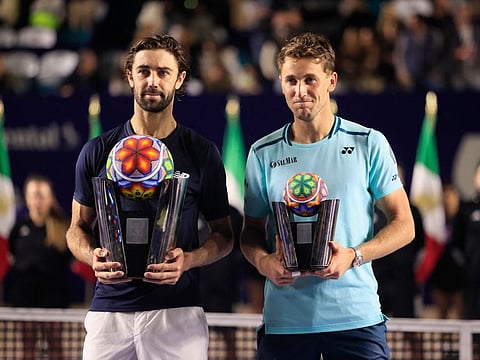 Australia's Jordan Thompson and Norway's Casper Ruud pose with their trophies after the Los Cabos Open final at Cabo Sports Complex, Mexico on Satuday.
