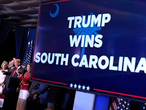 Republican presidential candidate former President Donald Trump speaks at a primary election night party at the South Carolina State Fairgrounds in Columbia, S.C., Saturday, Feb. 24, 2024. 
