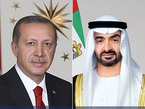 His Highness Sheikh Mohamed bin Zayed Al Nahyan, President of the United Arab Emirates (R) and Recep Tayyip Erdogan, President of Turkey (L)