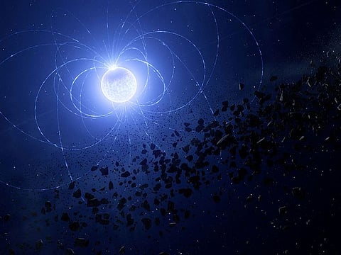Artist's impression shows the magnetic white dwarf WD 0816-310, where astronomers have found a scar imprinted on its surface as a result of having ingested planetary debris.