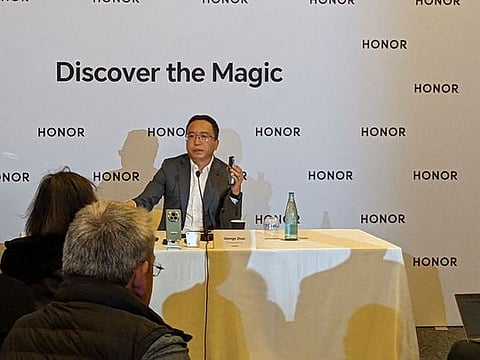 HONOR global CEO George Zhao explains how AI can enable human-centric mobile functions at MWC 2024 in Barcelona, Spain.
