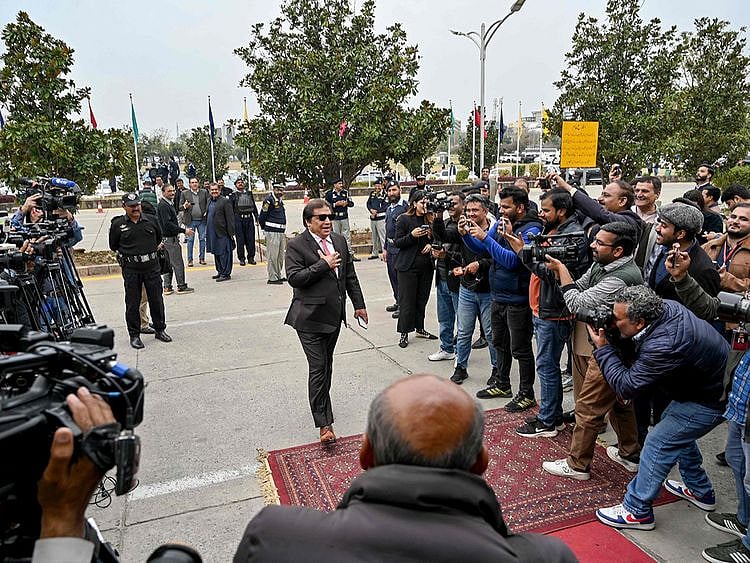 Hanif Abbasi, member of Pakistan Muslim League-Nawaz (PML-N) party and a newly-elected candidate entering the National Assembly in Islamabad on February 29, 2024.  