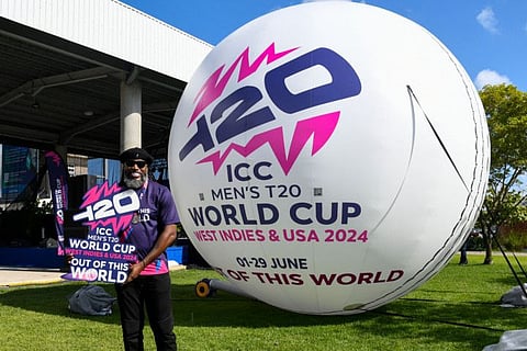 Chris Gayle of the West Indies poses at the launch of 100 days to go to start of the ICC Men's T20 World Cup 2024 at Freedom Park in Bridgetown, Barbados.