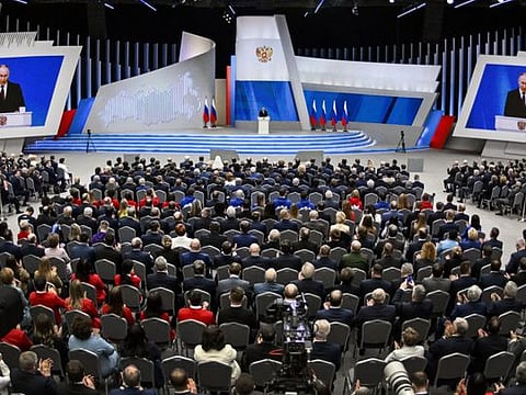 Russian President Vladimir Putin delivers his annual state of the nation address at the Gostiny Dvor conference centre in central Moscow on February 29, 2024.  