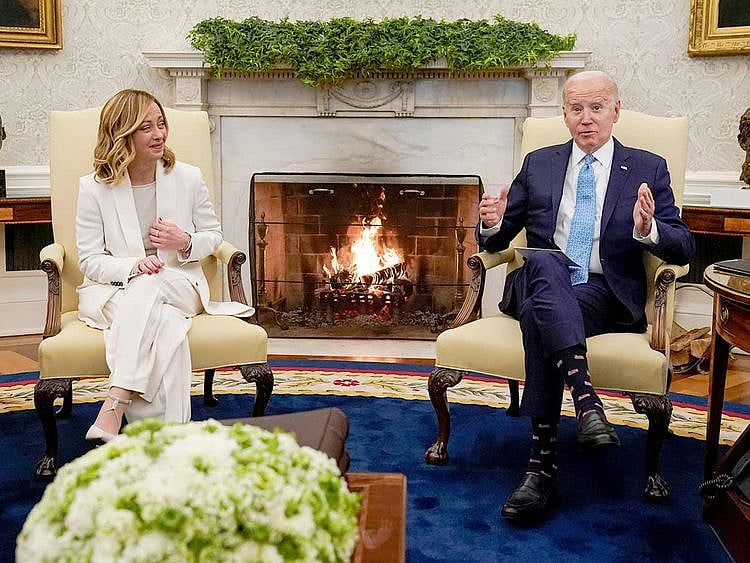 US President Joe Biden speaks during a meeting with Italy's Prime Minister Giorgia Meloni in the Oval Office at the White House in Washington, on March 1, 2024. 