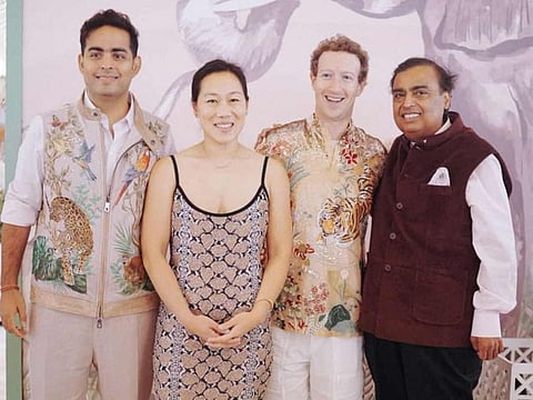 Meta CEO Mark Zuckerberg and his wife Priscilla Chan pose with Mukesh Ambani, the Chairman of Reliance Industries, and his son Akash Ambani during pre-wedding celebrations of Mukesh's son Anant Ambani and Radhika Merchant, daughter of industrialist Viren Merchant, in Jamnagar, Gujarat, on March 2, 2024. 