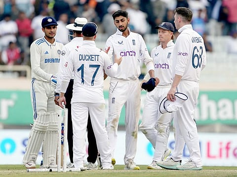 Players shake hands after the 4th Test match against England, at JSCA International Stadium Complex, in Ranchi last week.
